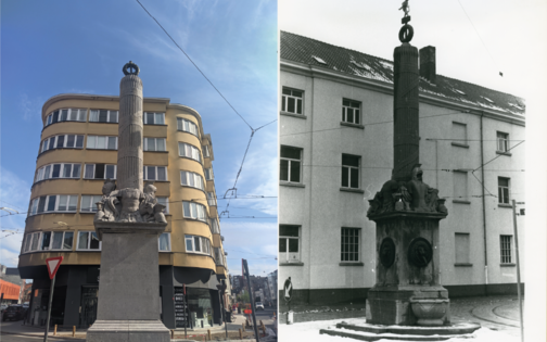De pomp op het kruispunt van de Lange Violettestraat en de Brusselsepoortstraat, vroeger en nu