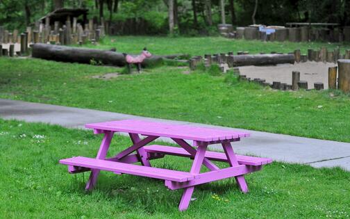 Een van de bekende, roze picknickbanken her en der in de stad