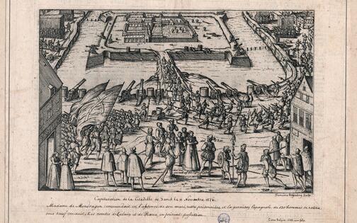 De overgave van het Spanjaardenkasteel aan de Graaf de Roeulx op 9 november 1576, kopergravure door Franciscus Hogenberg