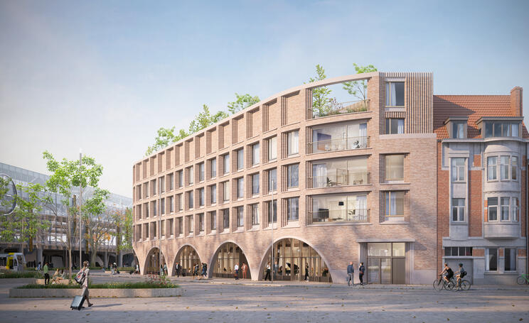 Een toekomstbeeld van het S-vormige gebouw op het Koningin Mathildeplein