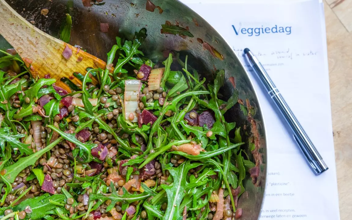 Vegetarische schotel met linzen en rucola