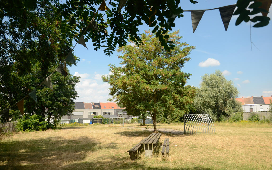 Zicht op goals en picknickbank in Driemasterpark