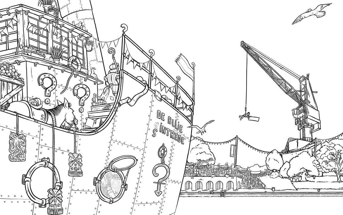tekening van boot van Sinterklaas die aanmeert aan Houtdok