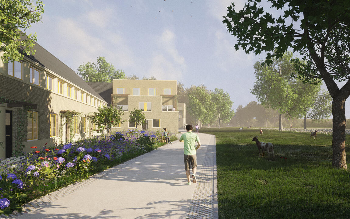 Simulatiebeeld van de toekomstige tuinwijk Sint-Bernadette: groen-klimaat-as
