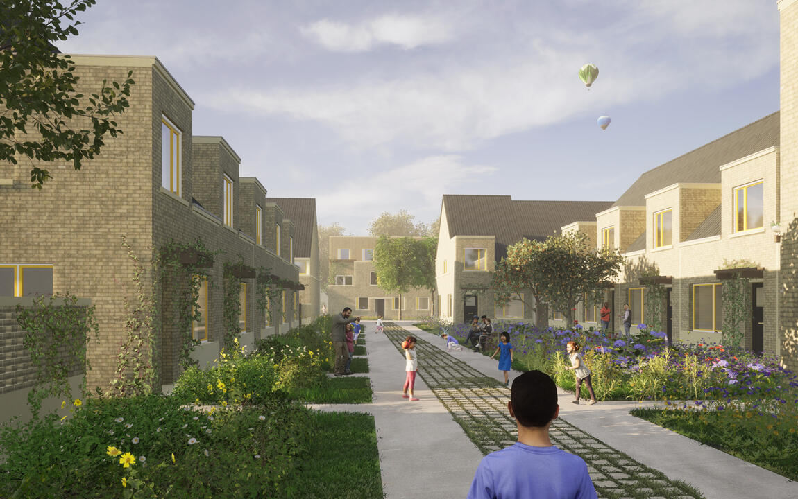 Simulatiebeeld van de toekomstige tuinwijk Sint-Bernadette: groene voortuintjes