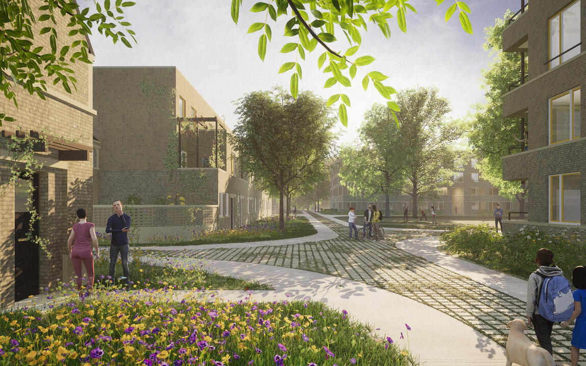 Simulatiebeeld van de toekomstige tuinwijk Sint-Bernadette: hoofdstraat en plein