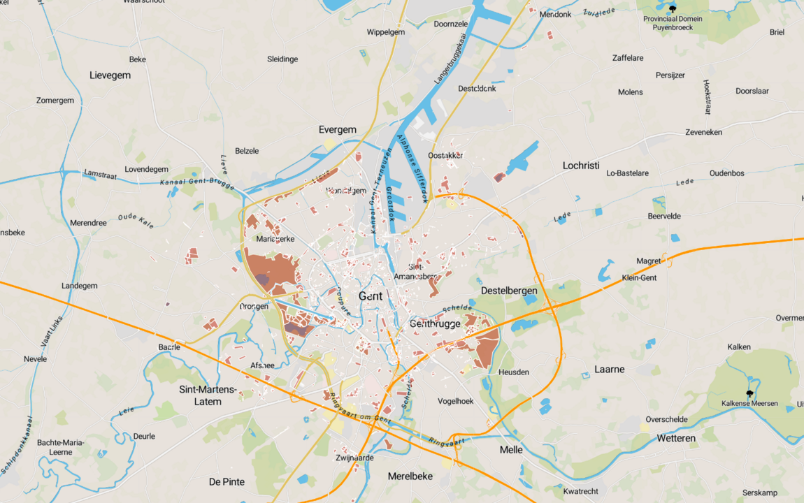 Kaart die de eigendommen van Stad Gent in beeld brengt