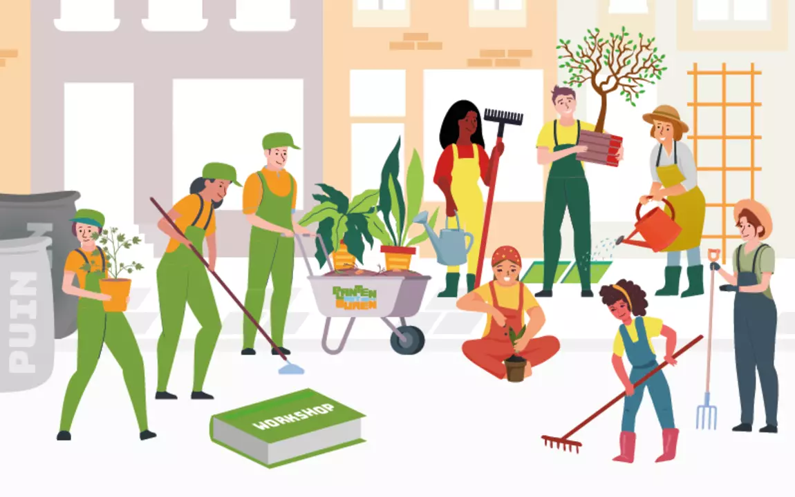 illustratie van meer dan 6 buren die samen planten
