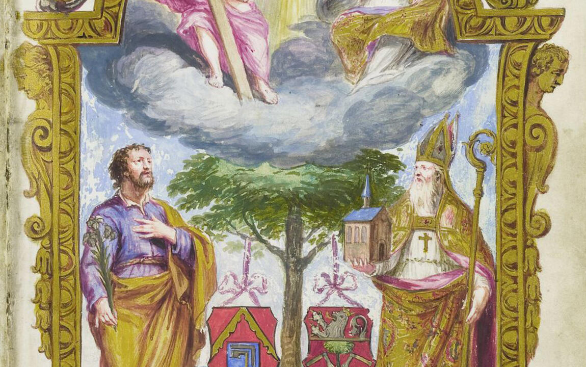 Voorstelling van Jozef, de patroonheilige van het ambacht, en Amandus, de patroonheilige van Gent. Tussen hen beiden staat een boom die de wapens van de houtbrekers en de timmerlieden draagt. Boven de boom, op een wolk, een voorstelling van de heilige Drievuldigheid. Het hele tafereel gevat in een cartouche met het jaar 1686, de namen S. JOSEPH en S.AMANDT en de wapenschilden van Vlaanderen (links boven) en Gent (rechts boven) (OA_190_s4_01)