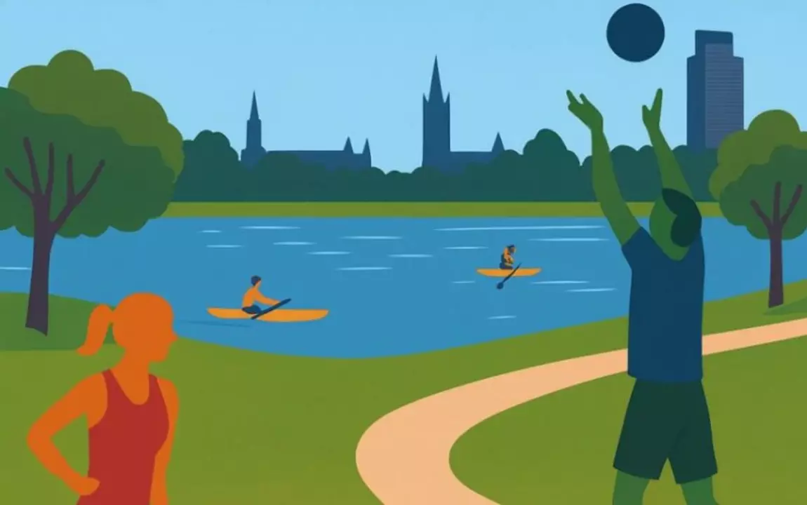 UiTPAS - Sportmix Watersportbaan - Beweeglab Arteveldehogeschool - grafisch beeld met skyline Gent op achtergrond, watersportbaan op voorgrond
