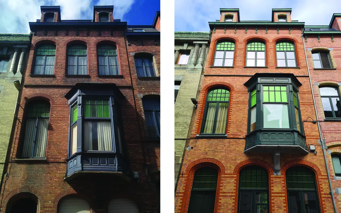 De voorgevel voor en na de restauratie