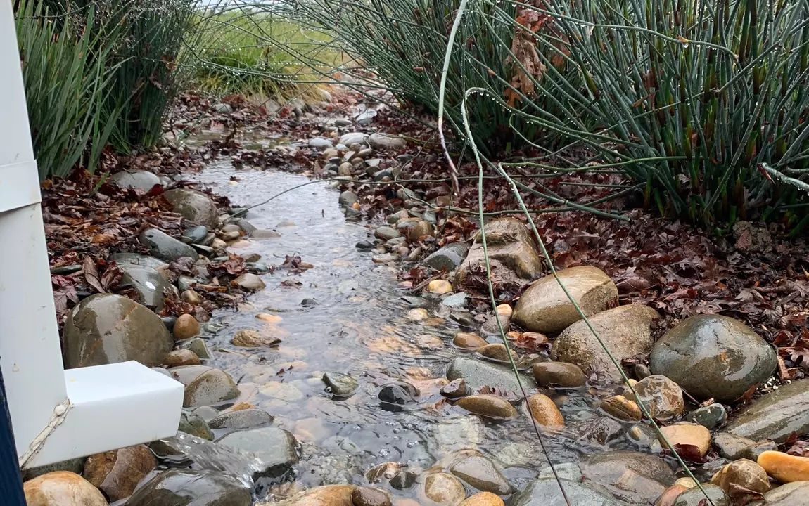 Regenwater uit regenpijp in sloot
