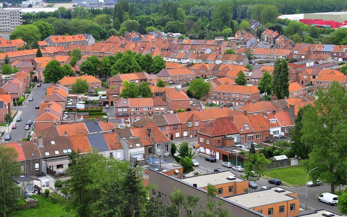 luchtfoto van Zwijnaarde met zicht op straatbomen