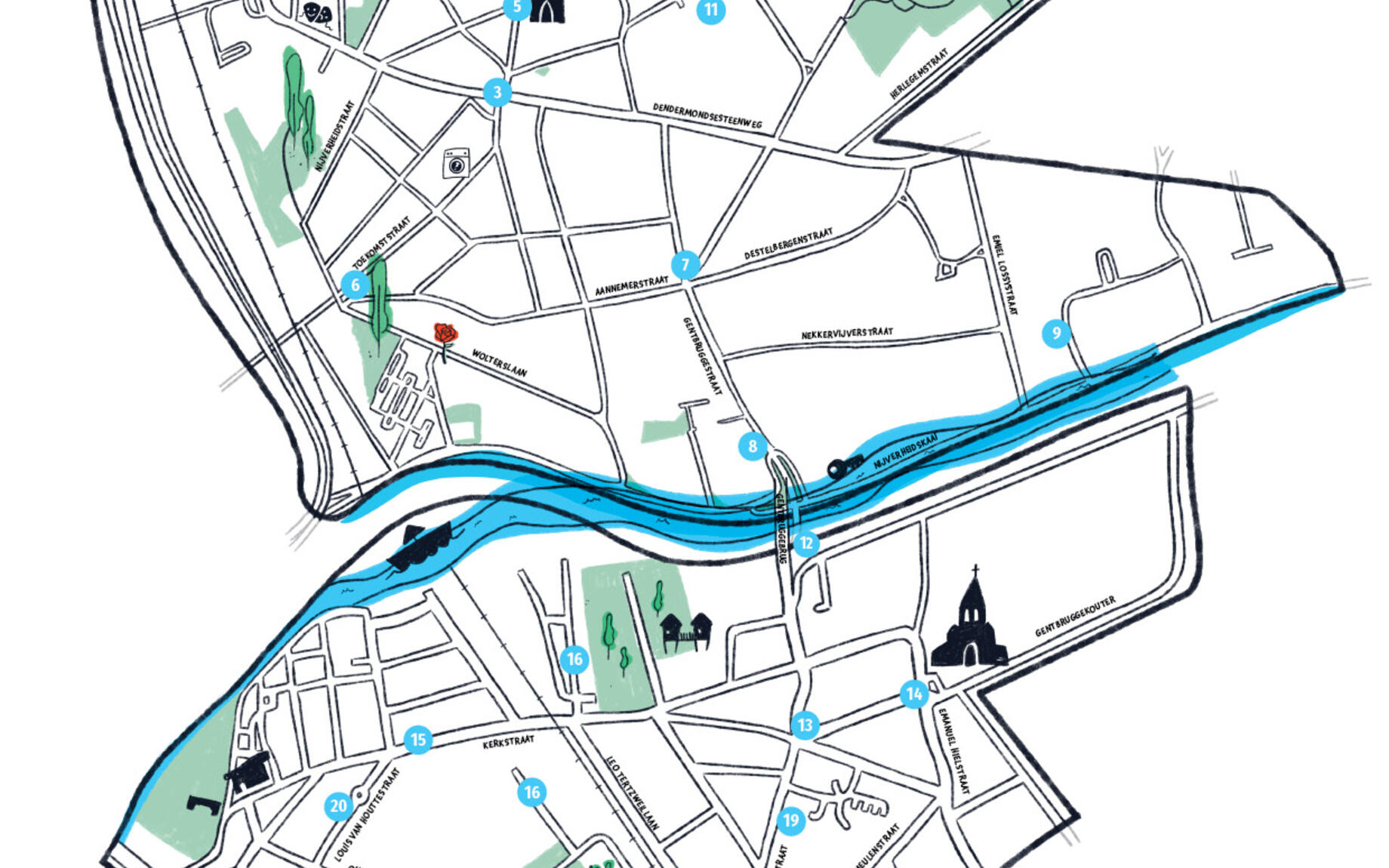 hier staat normaal een overzichtskaart van de 20 knelpunten van het wijkmobiliteitsplan Dampoort - Oud Gentbrugge