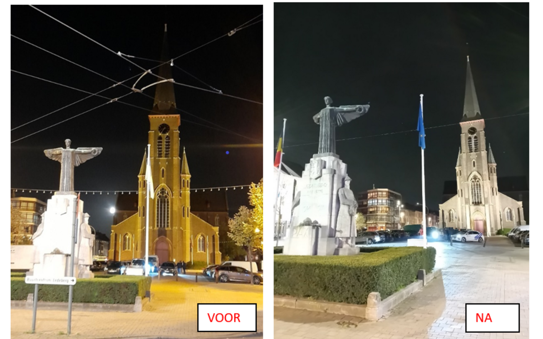 Ledebergplein voor en na nieuwe monumentverlichting