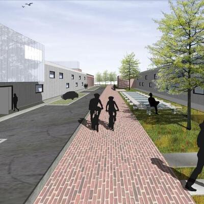 Simulatiebeeld voor de herbestemming van de voormalige UCO-fabriek, ontwerp © TRANS