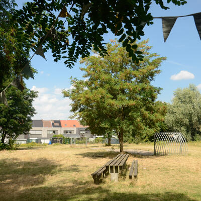 Zicht op goals en picknickbank in Driemasterpark