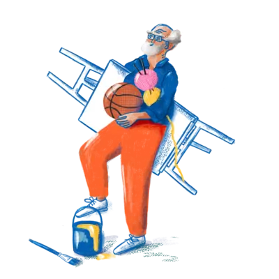 Oudere man met schildersezel, breigerief en basketbal