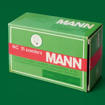 Doosje voor pijnstillers van het merk Mann, jaren 1970-1990