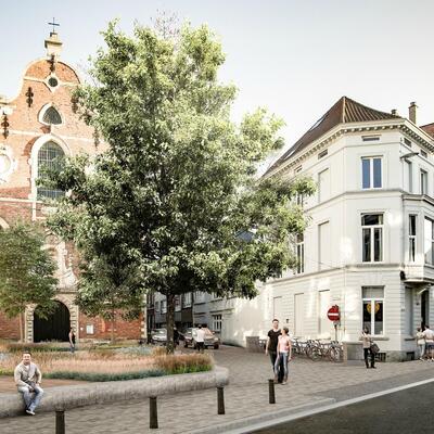 Toekomstbeeld: een groene hoek op het kruispunt van de Sint-Kristoffelstraat met de Brabantdam