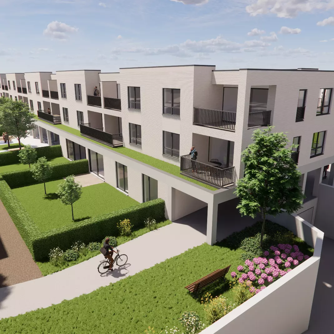 Een toekomstbeeld van de appartementen dieper op de site