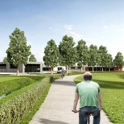 Simulatie van het bedrijventerrein met de groene fiets- en wandelas, ontwerp (c) Grontmij