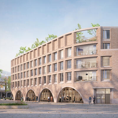 Een toekomstbeeld van het S-vormige gebouw op het Koningin Mathildeplein
