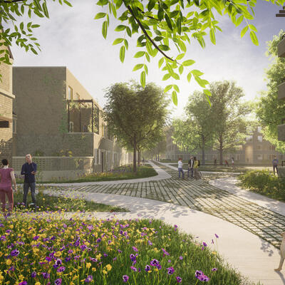 Simulatiebeeld van de toekomstige tuinwijk Sint-Bernadette: hoofdstraat en plein