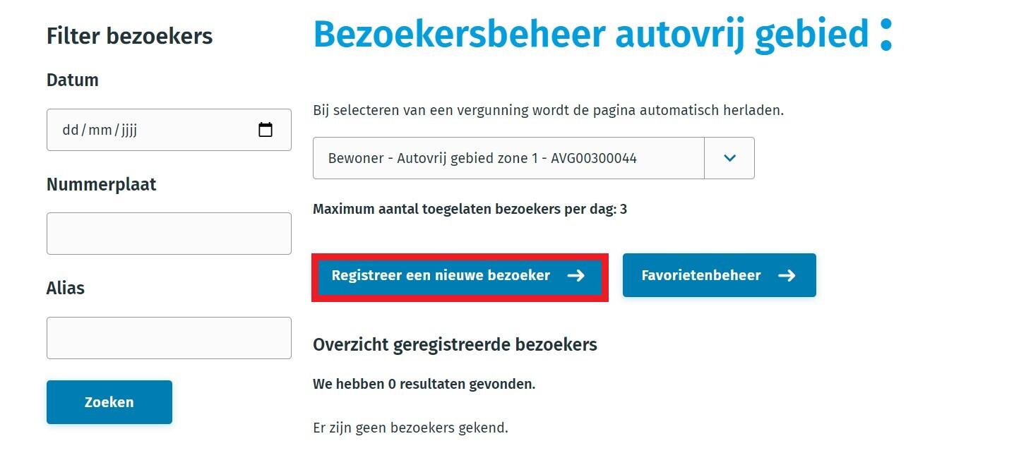 Bezoekersrecht registreer een nieuwe bezoeker vergunning autovrij gebied