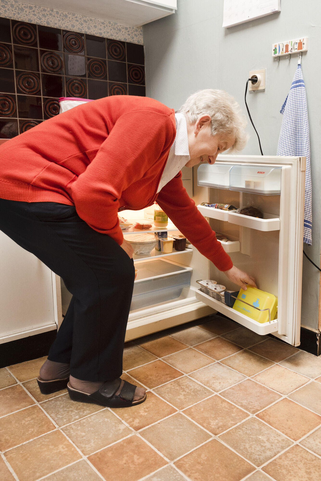 Mevrouw stopt door in koelkastdeur 